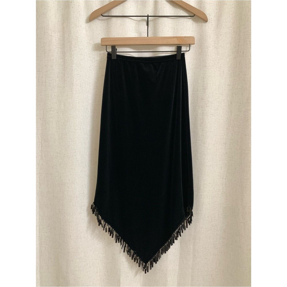 Gunne Sax Jessica McClintock Black Velvet Midi Skirt Fringe Handkerchief Hem USA